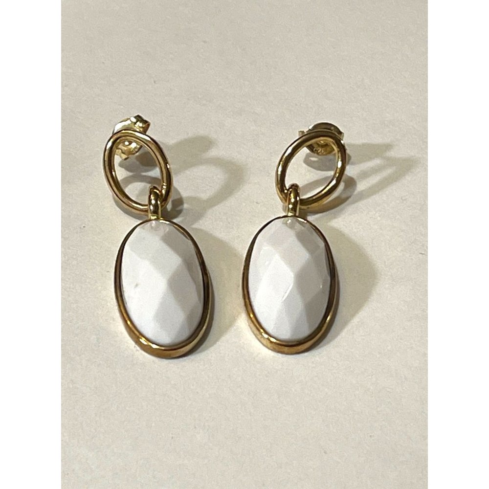 Adorable Oval White and Gold Dangle Drop Earrings and backs Marked 925